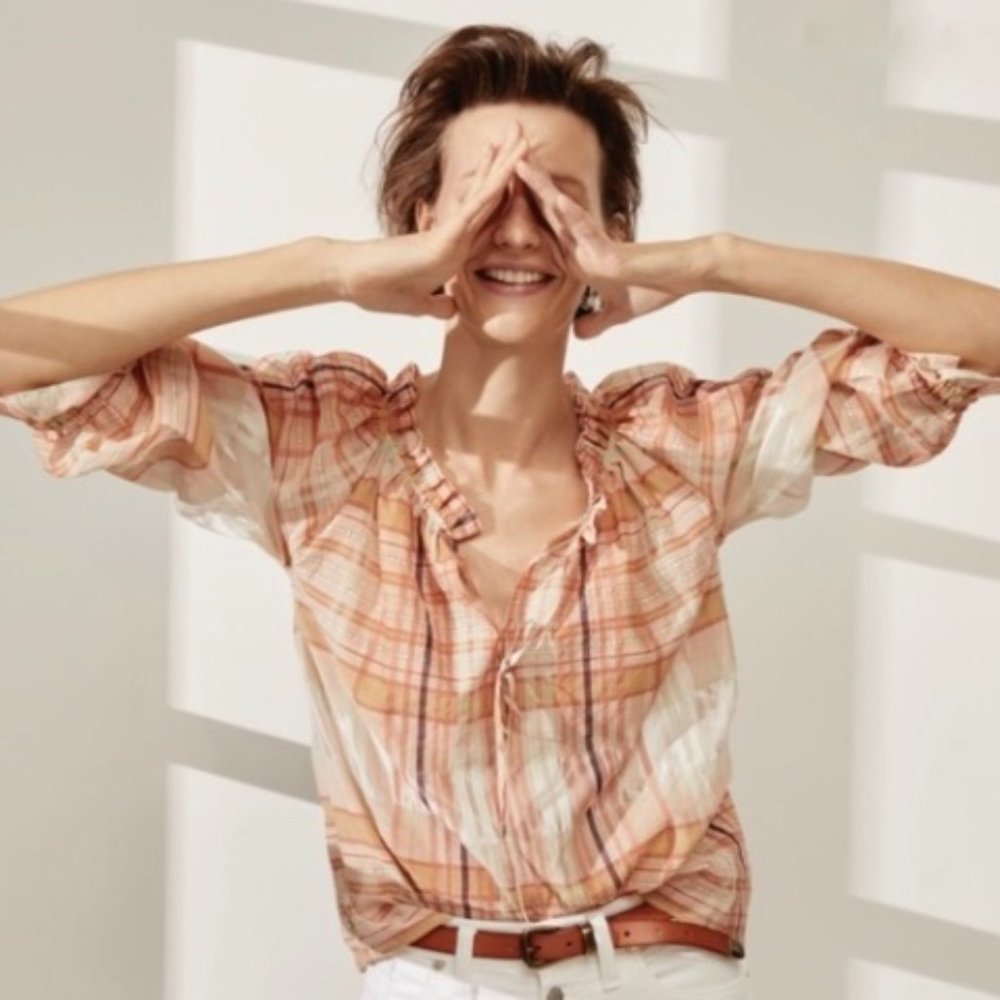MADEWELL wilton plaid tie neck ruffle sleeve top